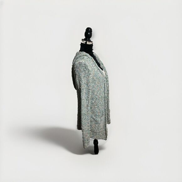 MOTH BY ANTHROPOLOGIE Nubby Knit Open-Front Hooded Cardigan Sweater Teal White M - Picture 2 of 8